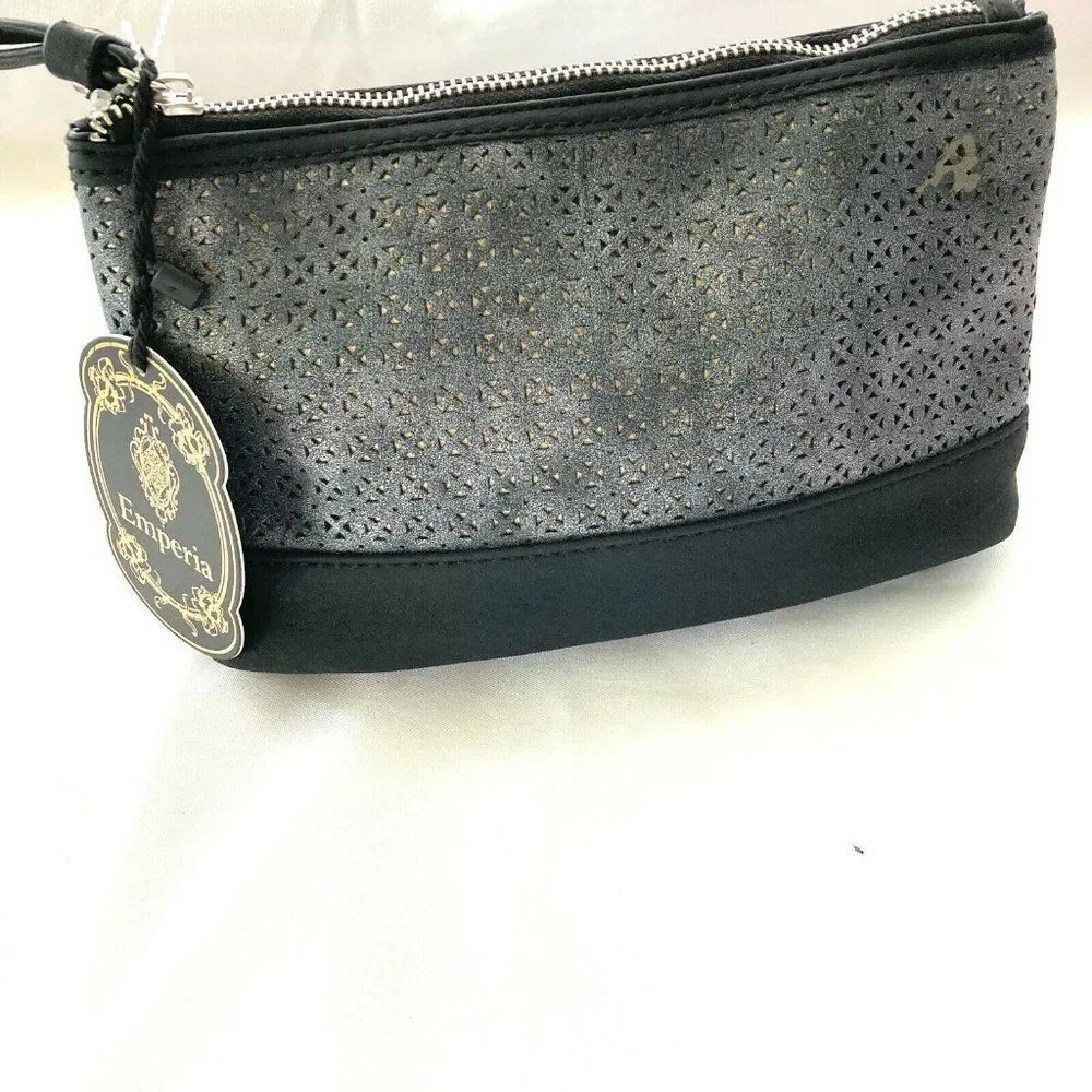NWT Emperia Gray Faux Suede Clutch Makeup Bag | Silver Black Zip Pouch Organizer